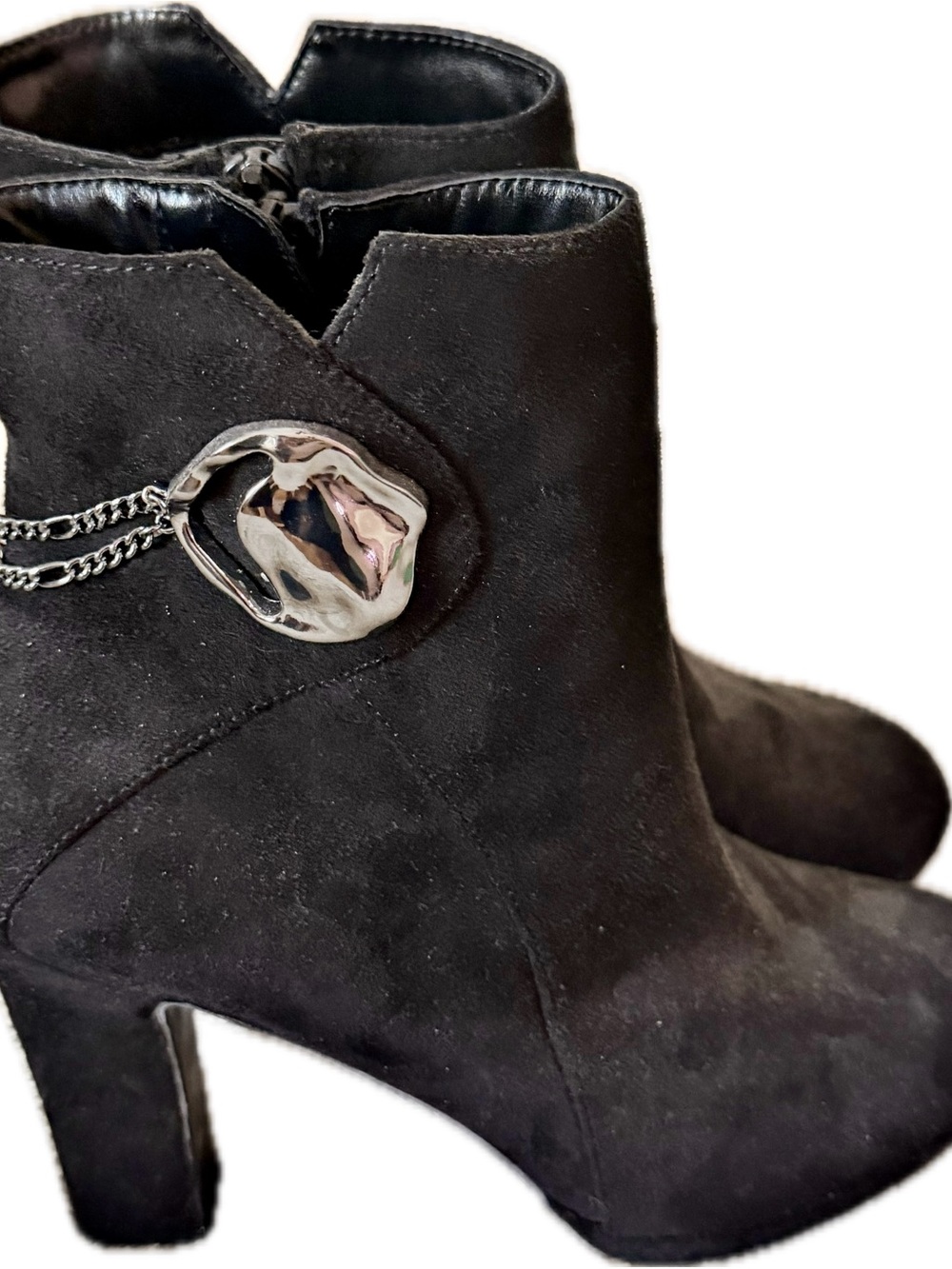 Women’s Black Suede Ankle Booties with Silver Chain Accent